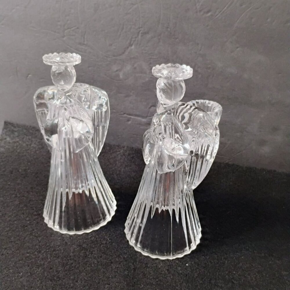 Large Vintage Crystal Angel Candle Holders, Set of 2, Glass Angels Candlesticks - Picture 2 of 10